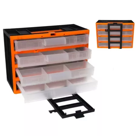 Tradineur - Caja organizadora de herramientas, clasificador con 4 cajones transparentes, cajonera plástico, módulo, estante para