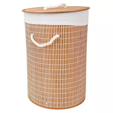 Tradineur - Cesto plegable redondo de bambú para ropa sucia, 1 compartimento, incluye asas, tapa y bolsa de tela extraíble y lav