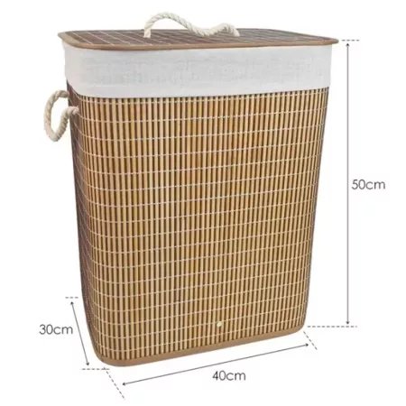 Tradineur - Cesto plegable rectangular de bambú para ropa sucia, 1 compartimento, incluye asas, tapa y bolsa de tela extraíble y