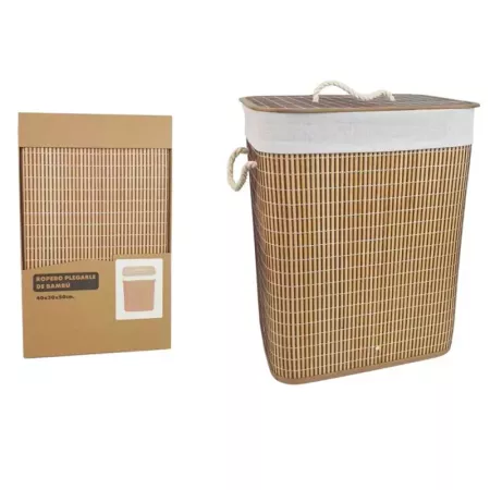 Tradineur - Cesto plegable rectangular de bambú para ropa sucia, 1 compartimento, incluye asas, tapa y bolsa de tela extraíble y