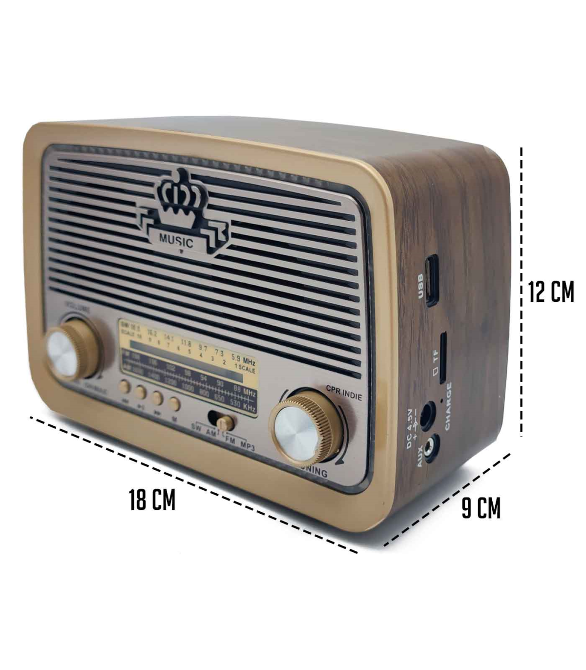 Tradineur - Radio vintage INDIE con diseño antiguo - Sintonizador  AM/FM/SW - Sintonizador con Indicador - Bluetooth - Conector