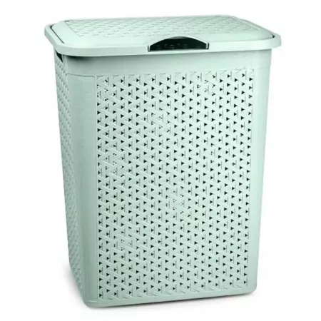 Cesto para ropa sucia con tapa y asas 38 litros cubo para colada plástico imitación mimbre verde pastel