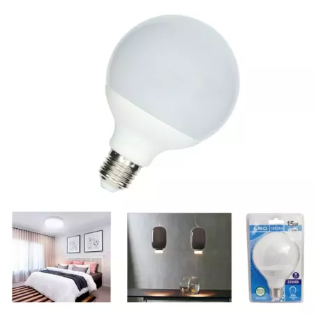 Tradineur - Bombilla LED estándar grande, globo, G95, E27, 15W equivalente a 135W, 1633 lúmenes, 6500K, luz blanca fría, eficien