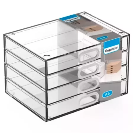 Tradineur - Mini cajonera transparente A6 con 4 cajones, plástico, organizador de cosméticos, maquillaje, accesorios de costura,