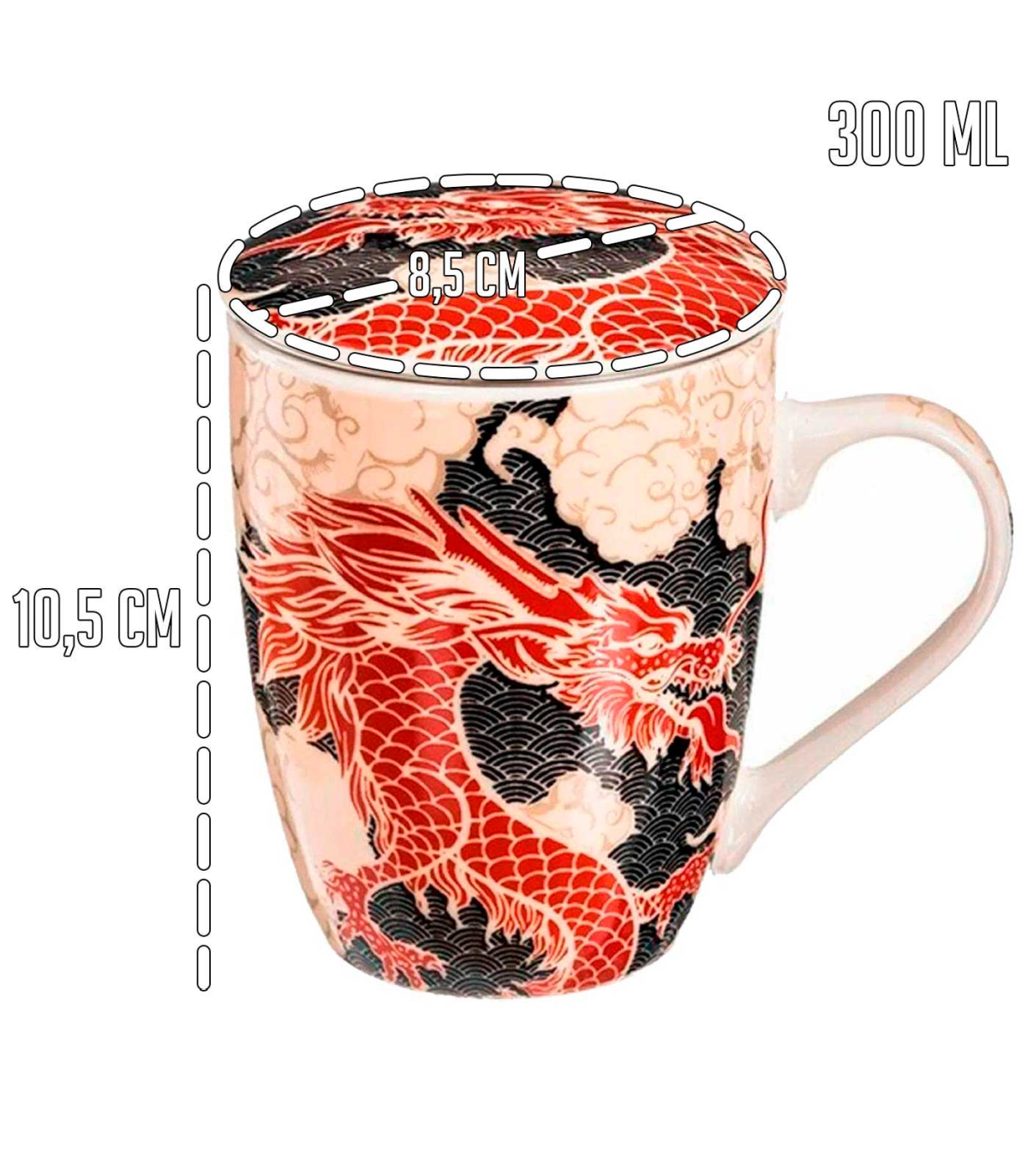 Tradineur - Taza de té de cerámica con filtro de acero inoxidable y tapa,  mantiene caliente la infusión, diseño oriental (Dragón