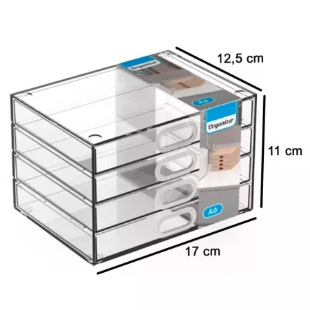 Tradineur - Mini cajonera transparente A6 con 4 cajones, plástico, organizador de cosméticos, maquillaje, accesorios de costura,
