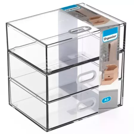 Tradineur - Mini cajonera transparente A6 con 3 cajones, plástico, organizador de cosméticos, maquillaje, accesorios de costura,