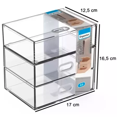 Tradineur - Mini cajonera transparente A6 con 3 cajones, plástico, organizador de cosméticos, maquillaje, accesorios de costura,