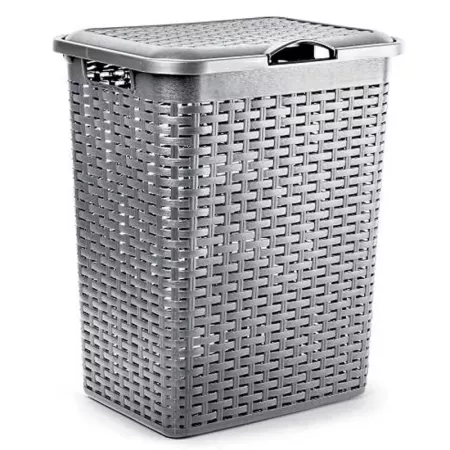Tradineur - Cesto rattan para ropa sucia con tapa y asas, pongotodo de plástico, cubo para colada, imitación de mimbre, fabricad