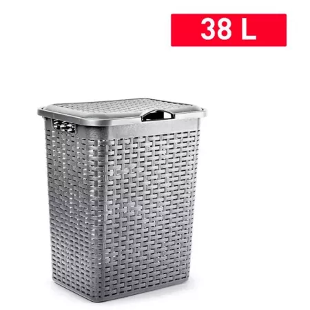 Tradineur - Cesto rattan para ropa sucia con tapa y asas, pongotodo de plástico, cubo para colada, imitación de mimbre, fabricad