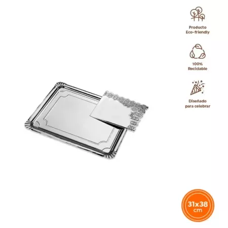 Tradineur - Pack de 6 bandejas rectangulares de cartón con blonda, fuente reciclable para pasteles con encaje de papel, decoraci