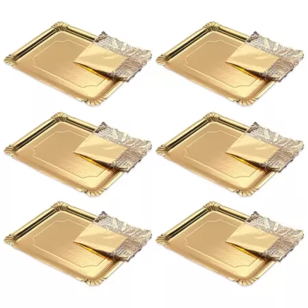 Tradineur - Pack de 6 bandejas rectangulares de cartón con blonda, fuente reciclable para pasteles con encaje de papel, decoraci Tradineur - Pack de 6 bandejas rectangulares de cartón con blonda, fuente reciclable para pasteles con encaje de papel, decoraci