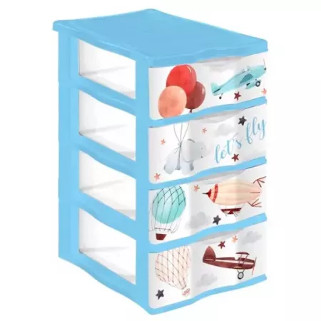 Tradineur - Cajonera de plástico, modelo Let's Fly, 4 cajones transparentes, torre almacenaje, juguetes, dormitorio infantil, n