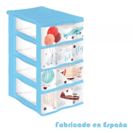 Tradineur - Cajonera de plástico, modelo Let's Fly, 4 cajones transparentes, torre almacenaje, juguetes, dormitorio infantil, n