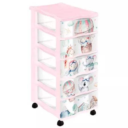 Tradineur - Cajonera de plástico con ruedas, modelo Volar, 5 cajones transparentes, torre almacenaje, juguetes, dormitorio infan
