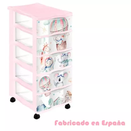 Tradineur - Cajonera de plástico con ruedas, modelo Volar, 5 cajones transparentes, torre almacenaje, juguetes, dormitorio infan