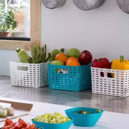 Cesta Organizadora 28,5L Blanca con Efecto Mimbre y Asas Cesta Organizadora 28,5L Blanca con Efecto Mimbre y Asas