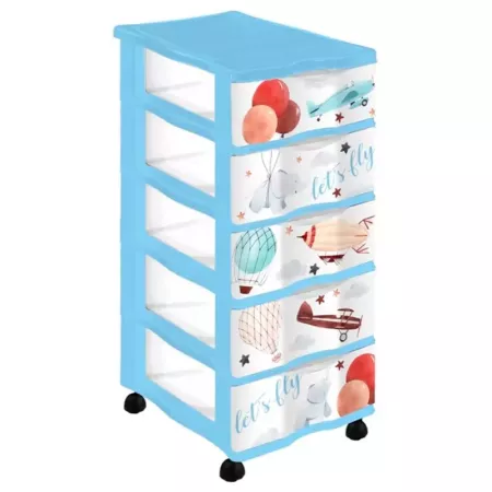 Tradineur - Cajonera de plástico con ruedas, modelo Let's Fly, 5 cajones transparentes, torre almacenaje, juguetes, dormitorio Tradineur - Cajonera de plástico con ruedas, modelo Let's Fly, 5 cajones transparentes, torre almacenaje, juguetes, dormitorio