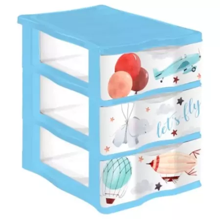 Tradineur - Cajonera de plástico, modelo Let's Fly, 3 cajones transparentes, torre almacenaje, juguetes, dormitorio infantil, n