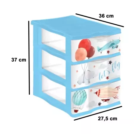 Tradineur - Cajonera de plástico, modelo Let's Fly, 3 cajones transparentes, torre almacenaje, juguetes, dormitorio infantil, n