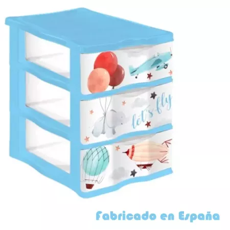 Tradineur - Cajonera de plástico, modelo Let's Fly, 3 cajones transparentes, torre almacenaje, juguetes, dormitorio infantil, n