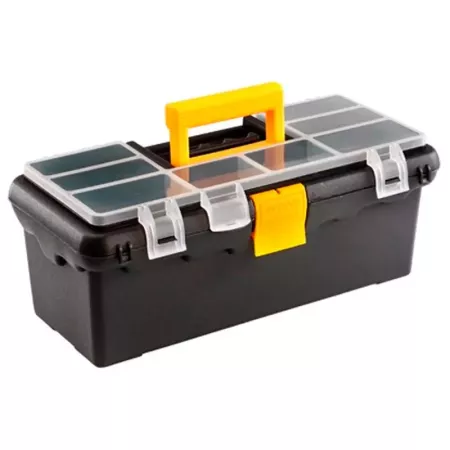 Tradineur - Caja de herramientas de plástico con asa y 8 compartimentos en la tapa, organizador, almacenamiento, fabricado en Es