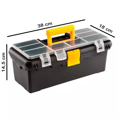Tradineur - Caja de herramientas de plástico con asa y 8 compartimentos en la tapa, organizador, almacenamiento, fabricado en Es