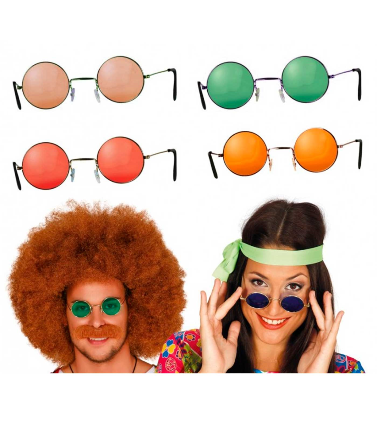 Tradineur - Pack de 3 gafas hippie, plástico y metal, complemento para  disfraces, carnaval, Halloween, cosplay, fiestas (Adulto