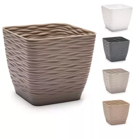 Tradineur - Maceta Cuadrada con plato - Diseño Wind - Fabricado en plástico - Ideal para jardín exterior, terraza o balcón - 14