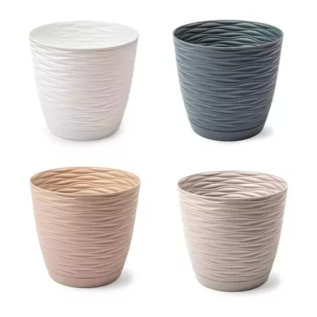 Maceta redonda Wind 15 cm beige con plato para jardín