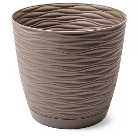 Tradineur - Maceta redonda con plato - Diseño Wind (Ø 15 cm) - Fabricado en plástico - Ideal para jardín exterior, terraza o bal