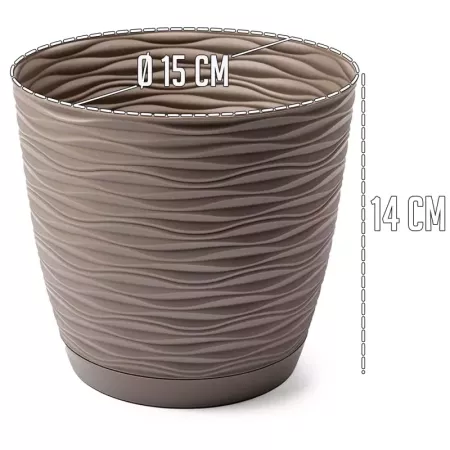 Tradineur - Maceta redonda con plato - Diseño Wind (Ø 15 cm) - Fabricado en plástico - Ideal para jardín exterior, terraza o bal