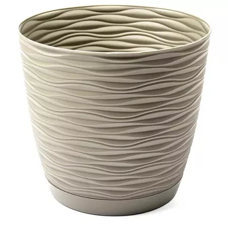 Tradineur - Maceta redonda con plato - Diseño Wind (Ø 19 cm) - Fabricado en plástico - Ideal para jardín exterior, terraza o bal