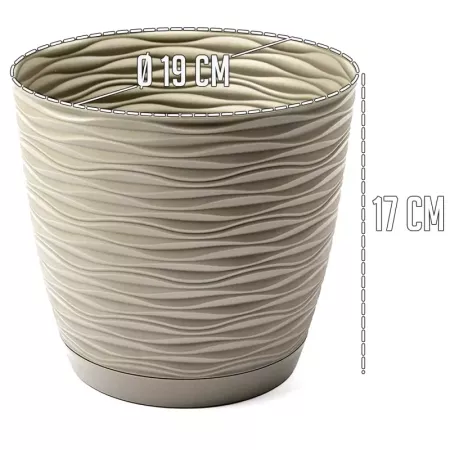 Tradineur - Maceta redonda con plato - Diseño Wind (Ø 19 cm) - Fabricado en plástico - Ideal para jardín exterior, terraza o bal