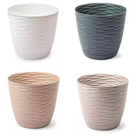Tradineur - Maceta redonda con plato - Diseño Wind (Ø 19 cm) - Fabricado en plástico - Ideal para jardín exterior, terraza o bal
