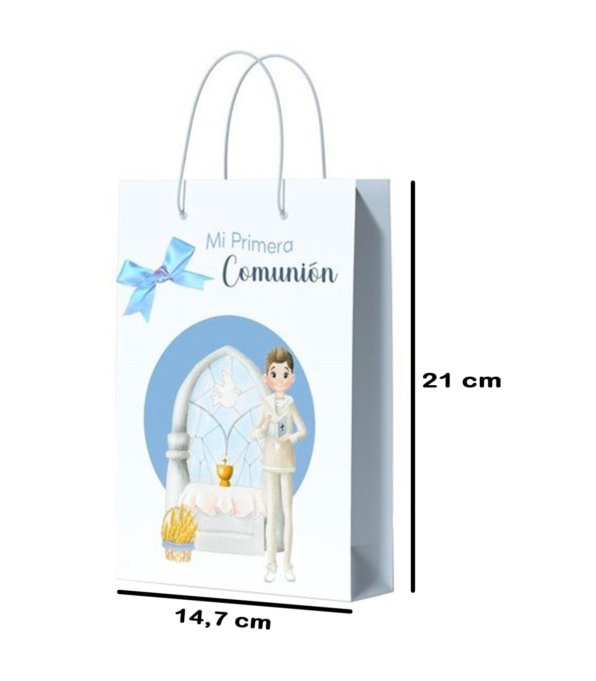 Tradineur - Pack de 12 bolsas pequeñas de papel para Primera Comunión,  incluyen lazo azul, guardar regalos, fiestas, celebracion