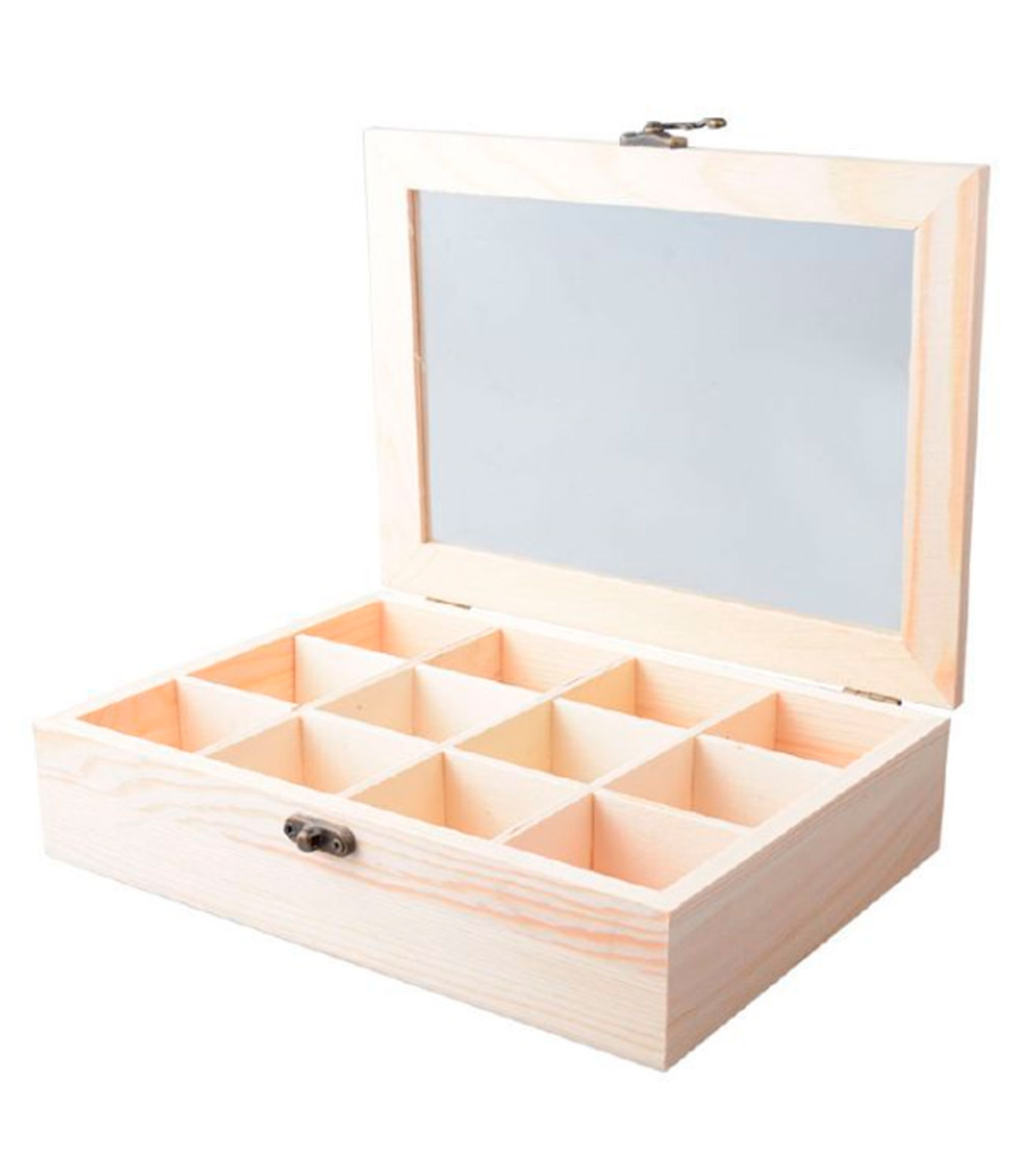 Tradineur - Caja de madera con 12 compartimentos y tapa con cristal,  joyero, expositor de joyas, organizador, collares, anillos