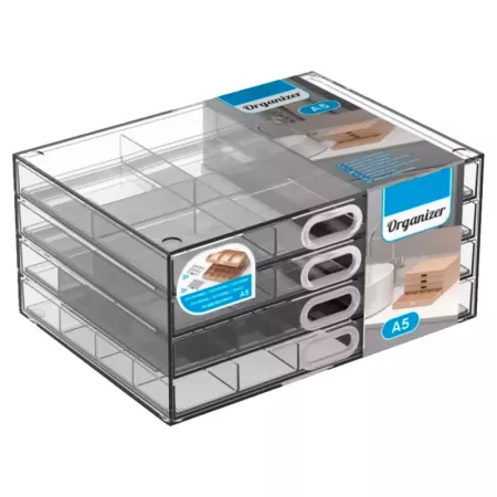 Tradineur - Mini cajonera transparente A5 con 4 cajones y divisiones - Fabricado en plástico - Organizador de cosméticos, acceso