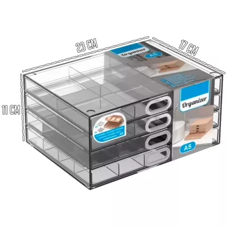 Tradineur - Mini cajonera transparente A5 con 4 cajones y divisiones - Fabricado en plástico - Organizador de cosméticos, acceso