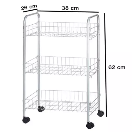 Tradineur - Carrito verdulero de cocina metálico con ruedas, 3 niveles, estantería para almacenamiento de frutas, verduras (Gris