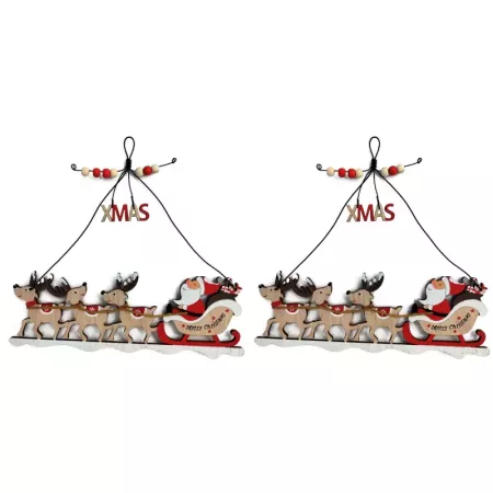 Pack 2 Colgantes Navideños de Madera Diseño Santa Claus con Renos Decoración 30 cm