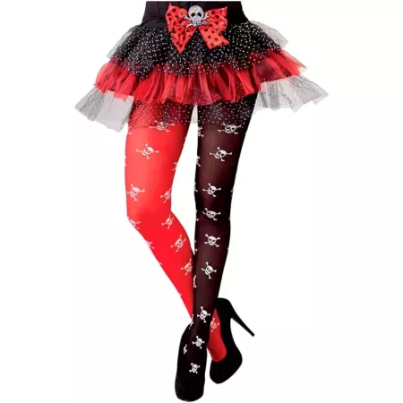 Tradineur - Pantis de pirata, negro y rojo, calaveras, 90% poliéster y 10% licra, complemento para disfraces, carnaval, Hallowee