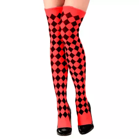 Tradineur - Medias rojas con rombos negros, 90% poliéster + 10% licra, complemento para disfraces, carnaval, Halloween, cosplay,