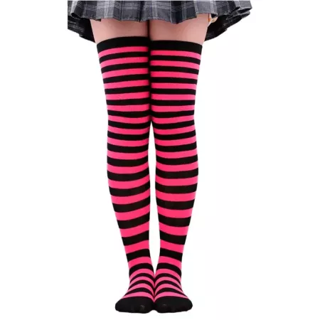 Tradineur - Medias con rayas negras y fucsia, 90% poliéster + 10% licra, complemento para disfraces, carnaval, Halloween, cospla