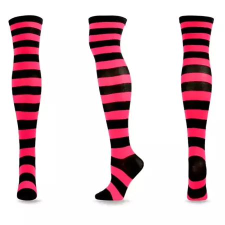 Tradineur - Medias con rayas negras y fucsia, 90% poliéster + 10% licra, complemento para disfraces, carnaval, Halloween, cospla