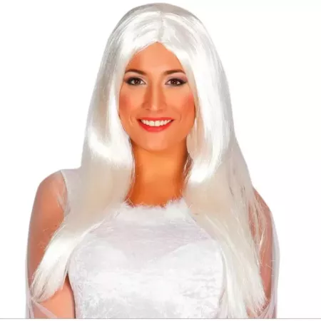 Tradineur - Peluca extralarga blanca para mujer, fibra sintética, complemento para disfraz de carnaval, Halloween, cosplay, fies
