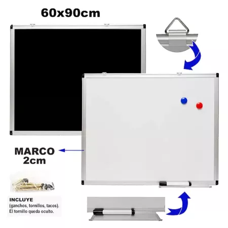 Pizarra Magnética Doble Cara 60x90 cm con Imanes y Bandeja