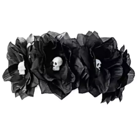 Tradineur - Cinta para pelo con rosas negras y calaveras, poliéster y plástico, complemento para disfraz de carnaval, Halloween,