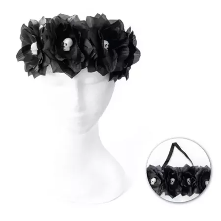 Tradineur - Cinta para pelo con rosas negras y calaveras, poliéster y plástico, complemento para disfraz de carnaval, Halloween,