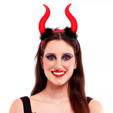 Tradineur - Diadema de demonio rojo, poliéster y plástico, complemento para disfraz de diablesa, carnaval, Halloween, cosplay, f